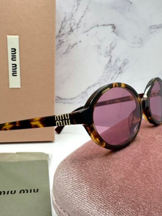 New MIU MIU Sunglasses Brown Tortoise Round Acetate Gold Metal Logo Authentic main image 9
